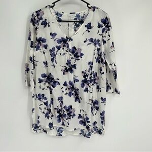 J. Jill Purple Floral V-Neck 3/4 Sleeve Blouse Size XSP